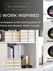 Load image into Gallery viewer, BLU MONACO Set of 4 Gold and White Striped Magazine File Boxes with Gold Label Holders - Ideal File Organizer Box for Desk Accessories, File Folder Holder, Office Supplies, and Book Organizer