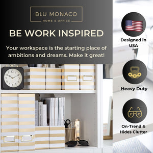 Load image into Gallery viewer, BLU MONACO Set of 4 Gold and White Striped Magazine File Boxes with Gold Label Holders - Ideal File Organizer Box for Desk Accessories, File Folder Holder, Office Supplies, and Book Organizer