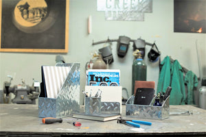 Load image into Gallery viewer, Blu Monaco Chrome Desk Organizer for Men - 4 Piece Desktop Organizer and Accessories Set - Letter - Mail Organizer, Sticky Note Holder, Pen Cup, Magazine File Holder - Galvanized - Chrome Finish