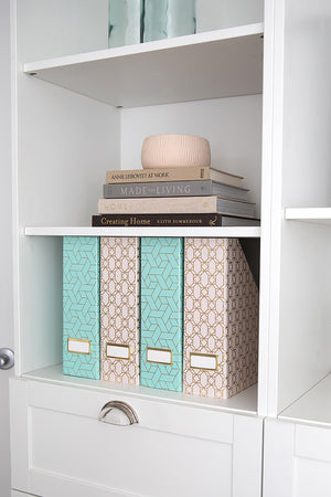 Load image into Gallery viewer, BLU MONACO Set of 4 Foldable Cute Magazine File Holders with Gold Label Holders - 2 Pink and 2 Aqua with Fun Gold Geometric Patterns - Stylish and Durable Magazine Storage for Home and Office