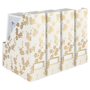 Load image into Gallery viewer, BLU MONACO Decorative Foldable Magazine Storage Boxes for Desk Set of 4 with Gold Floral Pattern and Gold Label Holder - Ideal Book Boxes or Vertical File Organizer Make Bookshelf Organization Easy