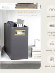 Load image into Gallery viewer, Magazine Basket: Grey Leather Bathroom Magazine Holder - Stylish Modern Magazine Rack and Newspaper Stand, Decorative Floor-Mounted Magazine Holder for Stylish Bathroom Organization, by Blu Monaco