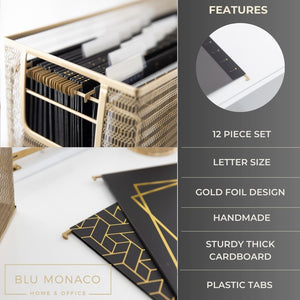 Load image into Gallery viewer, Set of 12 Geometric Black Gold Hanging File Folders Letter Size, Cute Hanging Folders for Filing Cabinet and Hanging File System, Filing Cabinet Folders, Decorative Hanging Filing folders with tabs