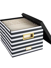 Load image into Gallery viewer, Black and White Striped Foldable File Storage Box with Lid, Gold Accents, and Black Metal Rods - Stylish and Functional File Organizer for Letter and Legal-Size Hanging File Folders - Office Storage