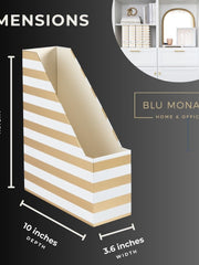 Load image into Gallery viewer, BLU MONACO Set of 4 Gold and White Striped Magazine File Boxes with Gold Label Holders - Ideal File Organizer Box for Desk Accessories, File Folder Holder, Office Supplies, and Book Organizer