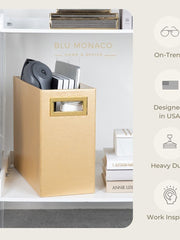 Load image into Gallery viewer, Gold Magazine Basket, Gold Magazine Holder, Gold Magazine Rack, Magazine Holder Floor, and Magazine Holder Bathroom Storage Décor Stylish Book Basket and Magazine Organizer - Narrow Basket Blu Monaco