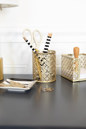 Load image into Gallery viewer, BLU MONACO Gold Pen Cup - Metal Pencil Cup - Gold Desktop Pencil Holder - Desk Pen Holder