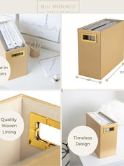 Load image into Gallery viewer, Gold Magazine Basket, Gold Magazine Holder, Gold Magazine Rack, Magazine Holder Floor, and Magazine Holder Bathroom Storage Décor Stylish Book Basket and Magazine Organizer - Narrow Basket Blu Monaco