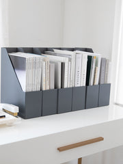 Load image into Gallery viewer, BLU MONACO Foldable Grey Magazine File Holder with Gold Label Holder - Set of 6 Cardboard Magazine File Boxes Desk File Organizer