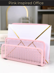 Load image into Gallery viewer, Pink Metal Mesh Letter Sorter – 3-Slot Mail Organizer for Desk, Office & Home