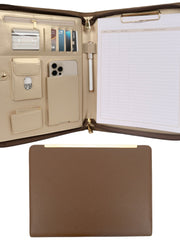 Load image into Gallery viewer, BLU MONACO Brown Vegan Leather Portfolio Binder for Women - Professional Padfolio Work Organizer with Gold Trim, Zippered Business Case for Documents