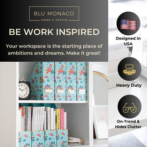 Load image into Gallery viewer, BLU MONACO Floral Magazine Holder Cute Set of 4 Foldable Magazine File Boxes Aqua Floral Pattern with Gold Label Holder- Magazine Rack Desk Organizer, Binder Holder, Vertical File Folder Organizer