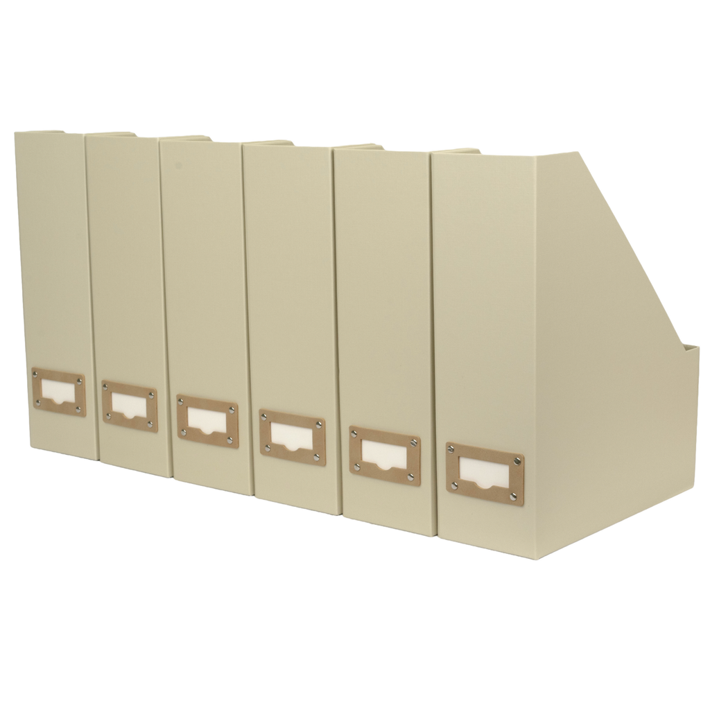 Set of 6 Foldable Magazine File Holders in Beige Linen with Label