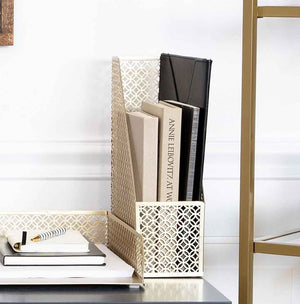 Load image into Gallery viewer, BLU MONACO Gold Magazine Holder - Metal Magazine File Box - Gold Desk Magazine File - Gold Metal Desktop Magazine Holder
