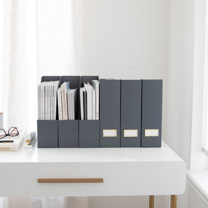 Load image into Gallery viewer, BLU MONACO Foldable Grey Magazine File Holder with Gold Label Holder - Set of 6 Cardboard Magazine File Boxes Desk File Organizer