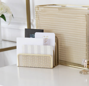 Load image into Gallery viewer, Gold Mail Organizer for Desk - Mail Holder Countertop - Letter Organizer - Gold Metal Mesh Letter Sorter