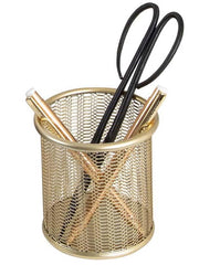 Load image into Gallery viewer, Riviera Gold Pen Holder for Desk - Gold Pen Cup - Gold Pencil Cup - Gold Brush Holder with Metal Mesh Design