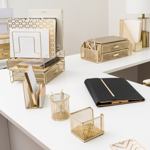 Load image into Gallery viewer, Gold Desk Organizer - Gold Desk Accessories for Women Office Set Includes Detachable File Organizer, Stackable Paper Tray, Stackable Drawer - Gold Office Supplies for Desk Gold File Organizer for Desk