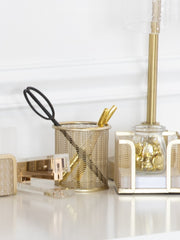 Load image into Gallery viewer, Riviera Gold Pen Holder for Desk - Gold Pen Cup - Gold Pencil Cup - Gold Brush Holder with Metal Mesh Design