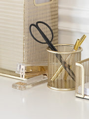 Load image into Gallery viewer, Riviera Gold Pen Holder for Desk - Gold Pen Cup - Gold Pencil Cup - Gold Brush Holder with Metal Mesh Design
