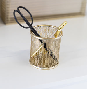 Load image into Gallery viewer, Riviera Gold Pen Holder for Desk - Gold Pen Cup - Gold Pencil Cup - Gold Brush Holder with Metal Mesh Design