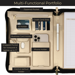 Load image into Gallery viewer, Portfolio Binder - Black Vegan Leather Padfolio for Women - Leather Portfolio Folder with Gold Trim - Portfolio Organizer Notebook - Professional Binder Folio - Business Portfolio Case - Gold Zipper