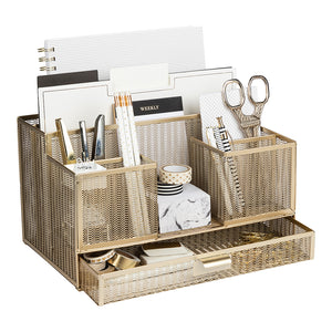 Load image into Gallery viewer, Gold Desk Organizer with Drawer