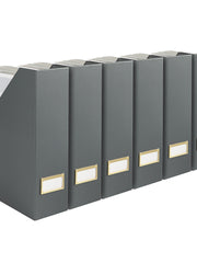 Load image into Gallery viewer, BLU MONACO Foldable Grey Magazine File Holder with Gold Label Holder - Set of 6 Cardboard Magazine File Boxes Desk File Organizer