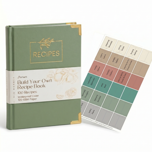 Load image into Gallery viewer, Sage Green Vegan Leather Recipe Book – 100 Recipes, Thick Paper, Storage Pocket, Color Tabs