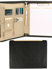 Load image into Gallery viewer, Portfolio Binder - Black Vegan Leather Padfolio for Women - Leather Portfolio Folder with Gold Trim - Portfolio Organizer Notebook - Professional Binder Folio - Business Portfolio Case - Gold Zipper