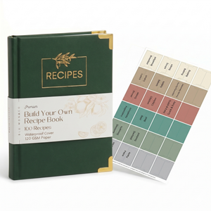 Load image into Gallery viewer, Forest Green Vegan Leather Recipe Book – 100 Recipes, Thick Paper, Storage Pocket, Color Tabs