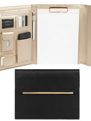 Load image into Gallery viewer, Portfolio Binder - Black Vegan Leather Padfolio for Women - Leather Portfolio Folder with Gold Trim - Portfolio Organizer Notebook - Professional Binder Folio - Business Portfolio Case by Blu Monaco