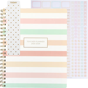 Load image into Gallery viewer, Blu Monaco Teacher Planner 2025-2026 Academic Year - Pastel Stripes, 8.5” x 11” Weekly & Monthly School Lesson Planner Book for Teachers, Spiral Bound, 215 Stickers, Bookmark, July 25-26