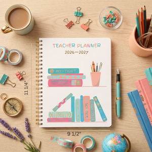 Load image into Gallery viewer, 2026–2027 Teacher Planner – Colorful Books Cover | Academic Year Lesson Plan Book for Teachers | July 2026–June 2027 | Monthly & Weekly Planning, Stickers, Pocket & Snap‑In Bookmark