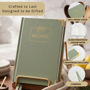 Load image into Gallery viewer, Sage Green Vegan Leather Recipe Book – 100 Recipes, Thick Paper, Storage Pocket, Color Tabs