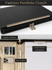 Load image into Gallery viewer, Portfolio Binder - Black Vegan Leather Padfolio for Women - Leather Portfolio Folder with Gold Trim - Portfolio Organizer Notebook - Professional Binder Folio - Business Portfolio Case - Gold Zipper