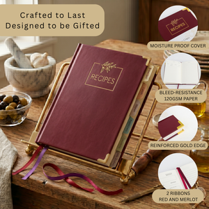 Load image into Gallery viewer, Merlot Vegan Leather Recipe Book – 100 Recipes, Thick Paper, Storage Pocket, Color Tabs