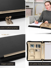 Load image into Gallery viewer, Portfolio Binder - Black Vegan Leather Padfolio for Women - Leather Portfolio Folder with Gold Trim - Portfolio Organizer Notebook - Professional Binder Folio - Business Portfolio Case by Blu Monaco