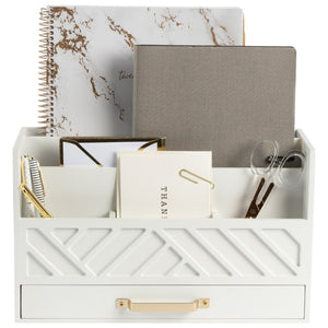 Load image into Gallery viewer, White Wood Desk Organizer with Drawer and Gold Handle
