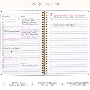 Load image into Gallery viewer, BLU MONACO Beautiful Daily Planner and Notebook with Hourly Schedule - 160 Pages , 80 Days - Navy Floral Aesthetic Spiral To-Do List Notepad for Easy Task and Appointment Management - Stylish Book for School, Office, or Home Organization