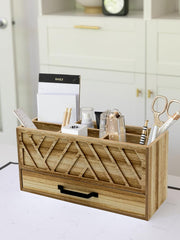 Load image into Gallery viewer, BLU MONACO Natural Wood Desktop Pen Organizer with Drawer - Stylish and Versatile Pen Holder and Stationery Organizer for Office and Art Supplies. 6 Convenient Storage Compartments and Drawer