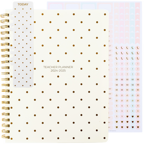 Load image into Gallery viewer, Teacher Planner 2024-2025 Academic Year - Cream Gold Dots Academic Planner 2024-2025 8.5” x 11” - Weekly Monthly Calendar Lesson Planner Gold Spiral Bound July 2024-2025 - 215 Stickers and Bookmark