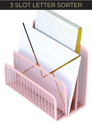 Load image into Gallery viewer, Pink Metal Mesh Letter Sorter – 3-Slot Mail Organizer for Desk, Office & Home