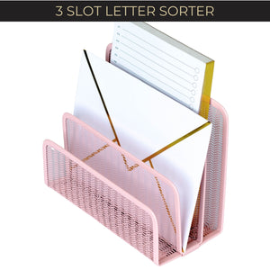 Load image into Gallery viewer, Pink Metal Mesh Letter Sorter – 3-Slot Mail Organizer for Desk, Office & Home