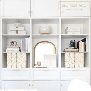 Load image into Gallery viewer, BLU MONACO Decorative Foldable Magazine Storage Boxes for Desk Set of 4 with Gold Floral Pattern and Gold Label Holder - Ideal Book Boxes or Vertical File Organizer Make Bookshelf Organization Easy