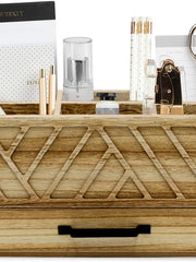 Load image into Gallery viewer, BLU MONACO Natural Wood Desktop Pen Organizer with Drawer - Stylish and Versatile Pen Holder and Stationery Organizer for Office and Art Supplies. 6 Convenient Storage Compartments and Drawer