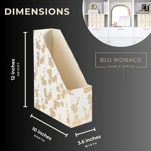 Load image into Gallery viewer, BLU MONACO Decorative Foldable Magazine Storage Boxes for Desk Set of 4 with Gold Floral Pattern and Gold Label Holder - Ideal Book Boxes or Vertical File Organizer Make Bookshelf Organization Easy