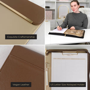Load image into Gallery viewer, BLU MONACO Brown Vegan Leather Portfolio Binder for Women - Professional Padfolio Work Organizer with Gold Trim, Zippered Business Case for Documents