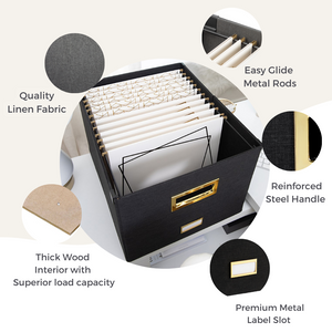 Load image into Gallery viewer, Black Foldable File Storage Box with Lid, Gold Accents, and Metal Rods for Legal or Letter size hanging files - Stylish and Functional File Organizer for Office and Home - Hanging File Storage Box