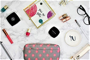 Load image into Gallery viewer, BLU MONACO Sleek and Chic: Grey with Pink Polka Dot Makeup Bag for Women - Stylish Compact Cosmetic Organizer and Travel Pouch - Personal Toiletry Bag - Small Cute Makeup Case for Purse or Bag